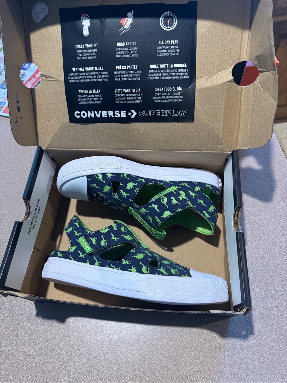 Converse Kids Slip-On Sneakers in Navy & Green with Dinosaur Print